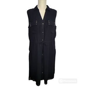 Cato Women's Black Studded Chiffon Lines Tie Waist Sleeveless Shirt Dress NWT